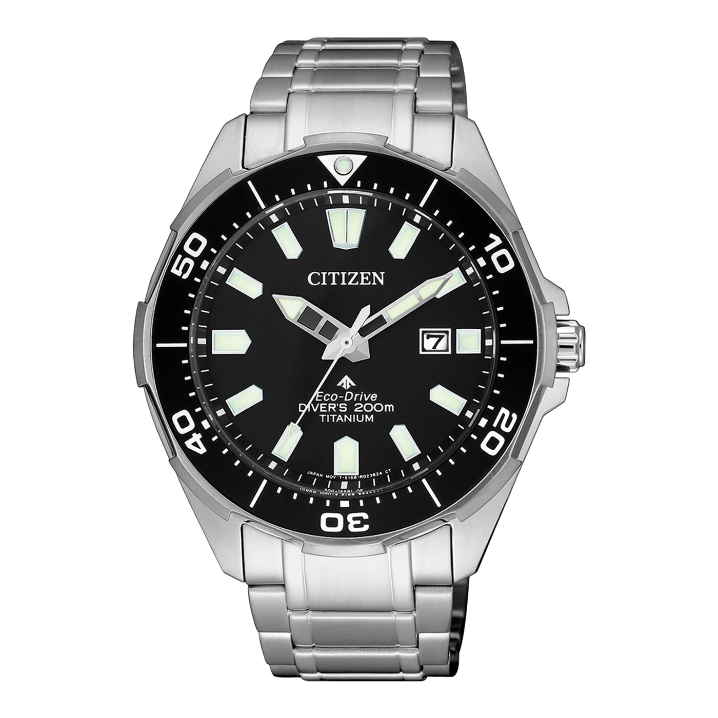 Citizen watch with black dial, titanium, Eco-Drive, diver's 200m, and date display.