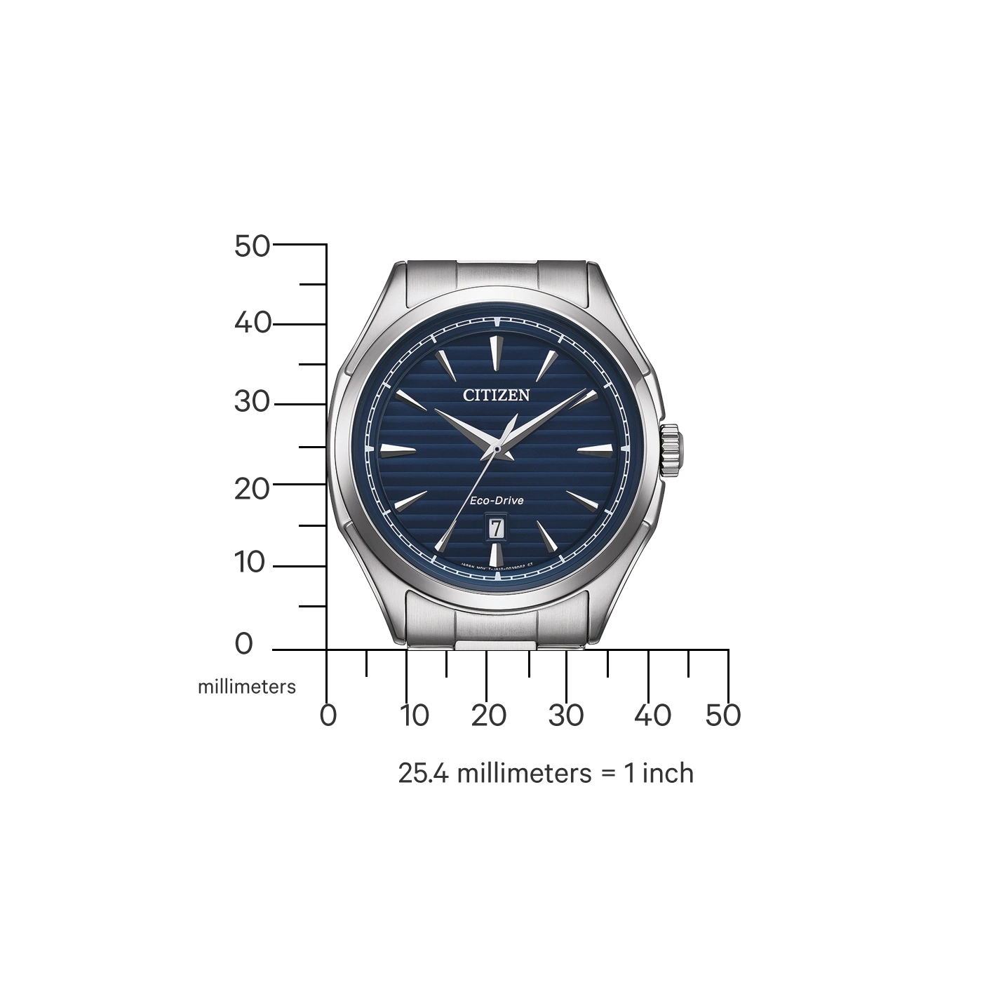 Citizen watch with blue face, Eco-Drive, and silver band. 25.4 millimeters = 1 inch.
