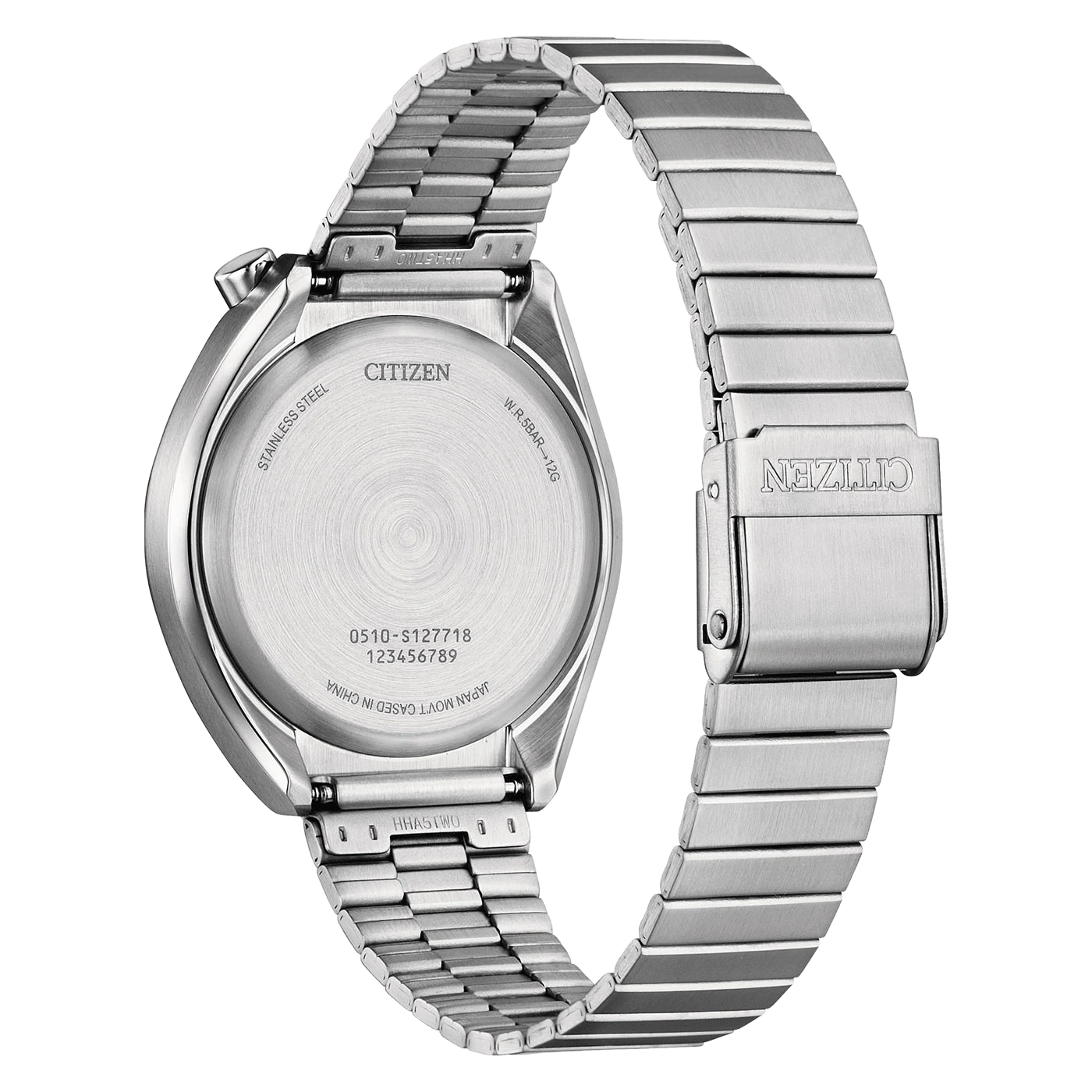 Back of a stainless steel Citizen watch with model and serial numbers.