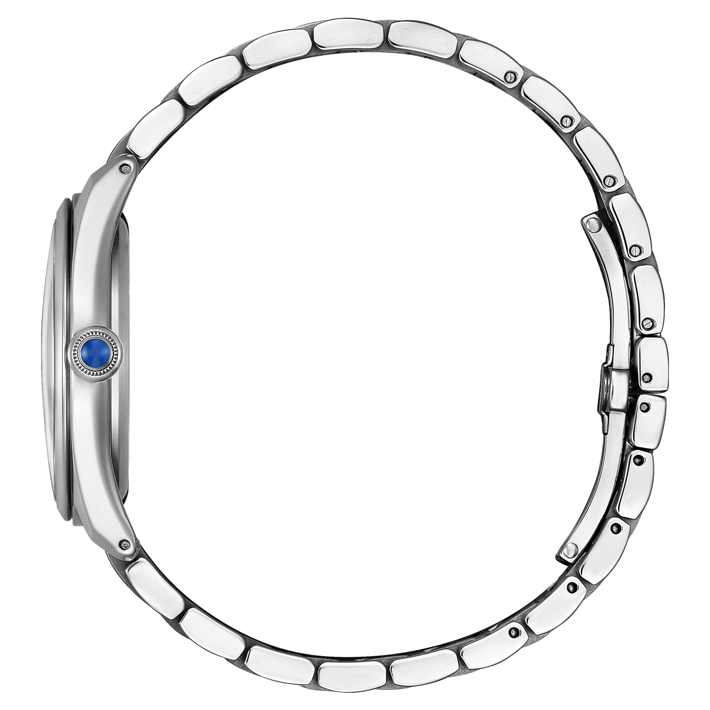 Silver watch with a blue gem on the side and a metal strap.