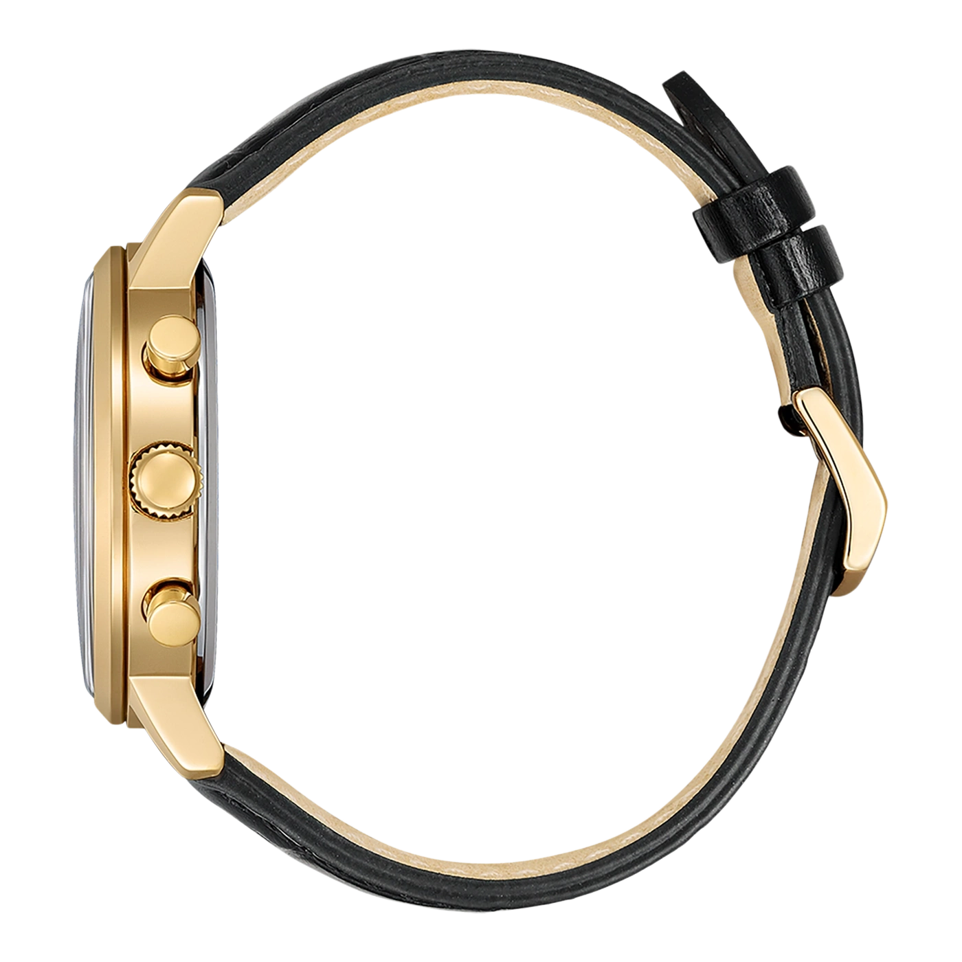 Gold watch with black leather strap, side view, elegant design