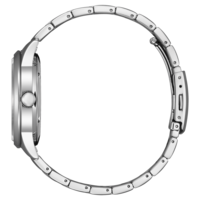 Side view of a silver wristwatch with a metal band, elegant design.