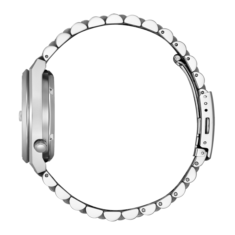 Side view of a silver wristwatch with a circular band and a white background.