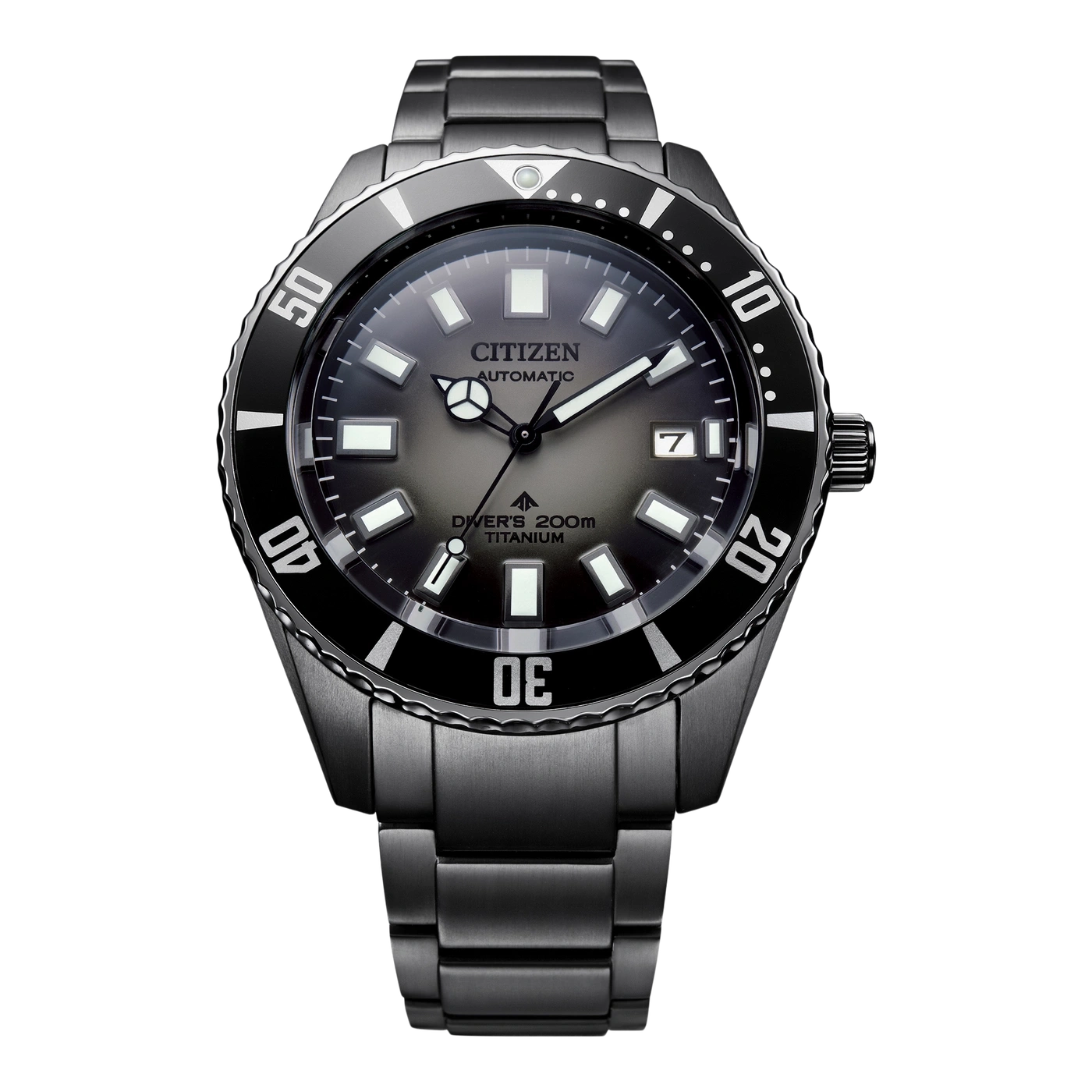 Black Citizen watch with a black bezel and a titanium strap.
