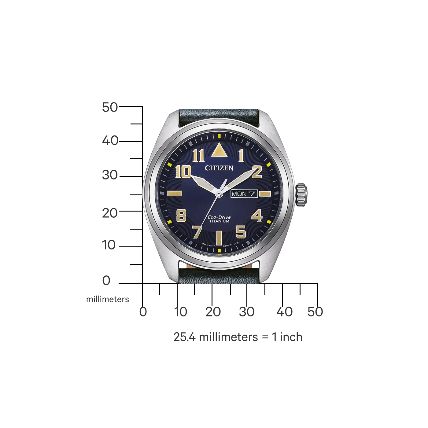 Citizen watch with blue face, titanium, Eco-Drive, and day display.
