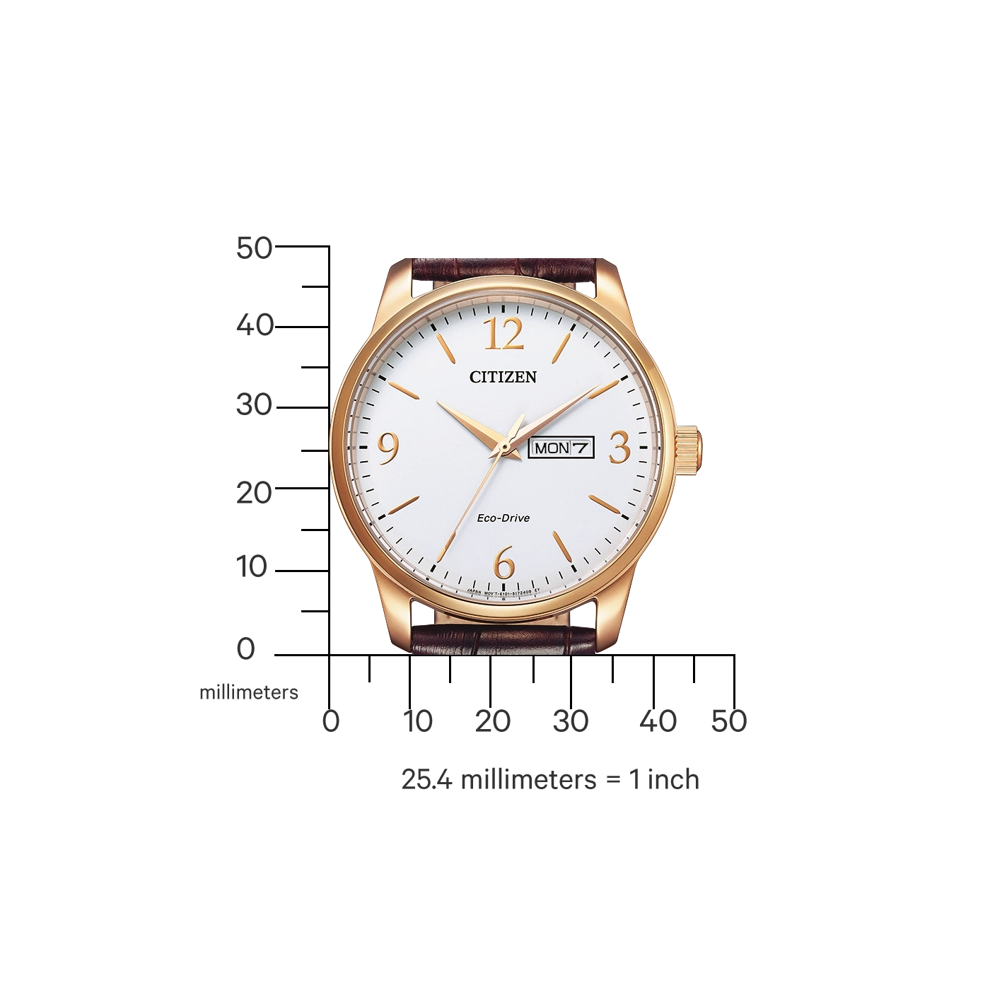 Citizen watch with gold case, white dial, and brown leather strap. Eco-Drive.