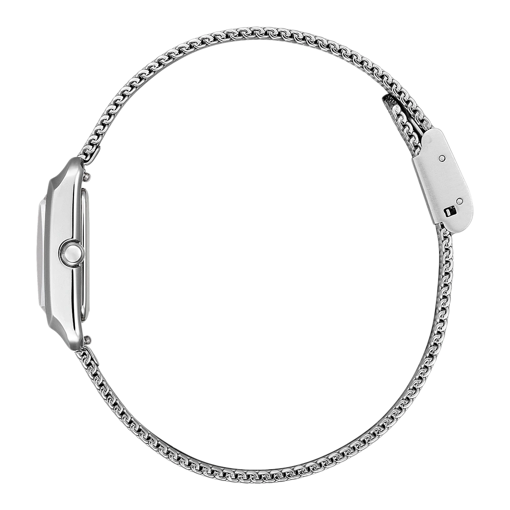 Silver watch with a chain strap, side view, isolated on white background.