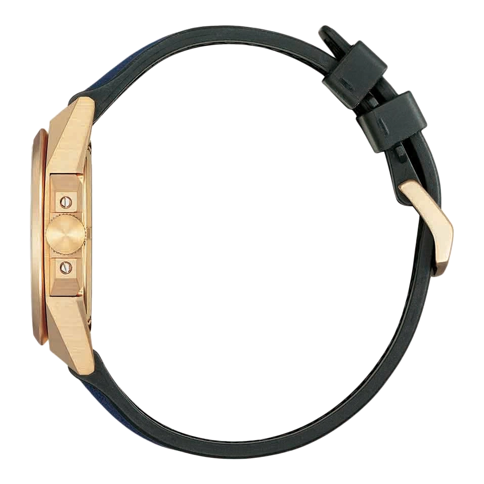 Gold watch with black strap, side view, elegant design, luxury accessory