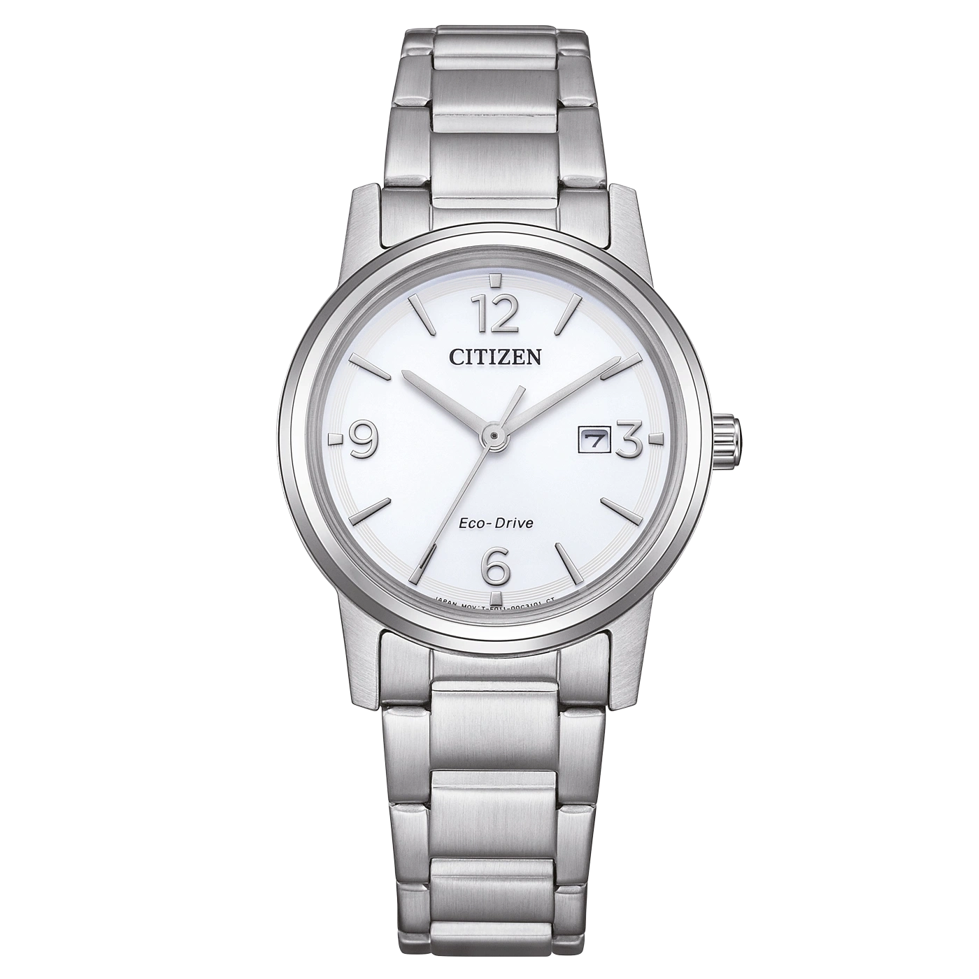 Citizen watch with white face and silver band, Eco-Drive technology.