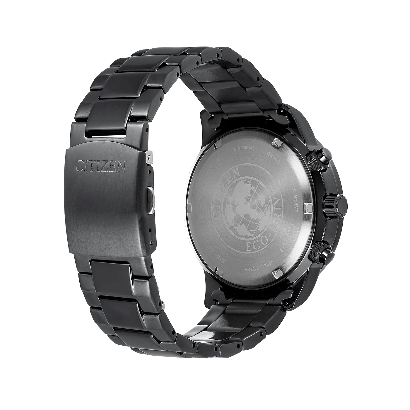 Citizen watch, black, back view, stainless steel, Eco-Drive, water resistant