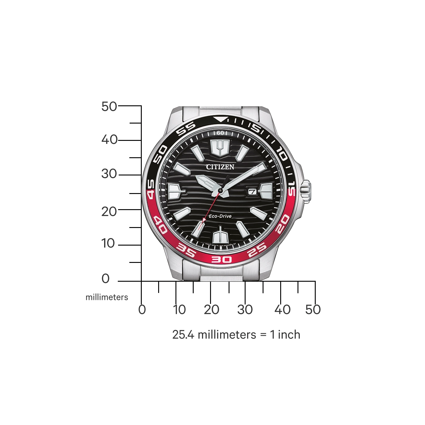 Citizen watch with black and red details, showing time and Eco-Drive technology.