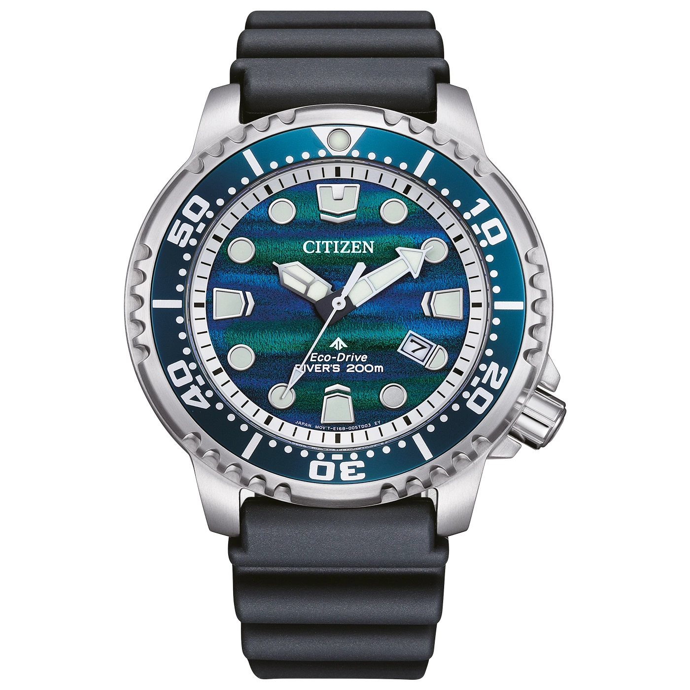 A Citizen Eco-Drive diver's watch with a blue and green textured dial and black strap.