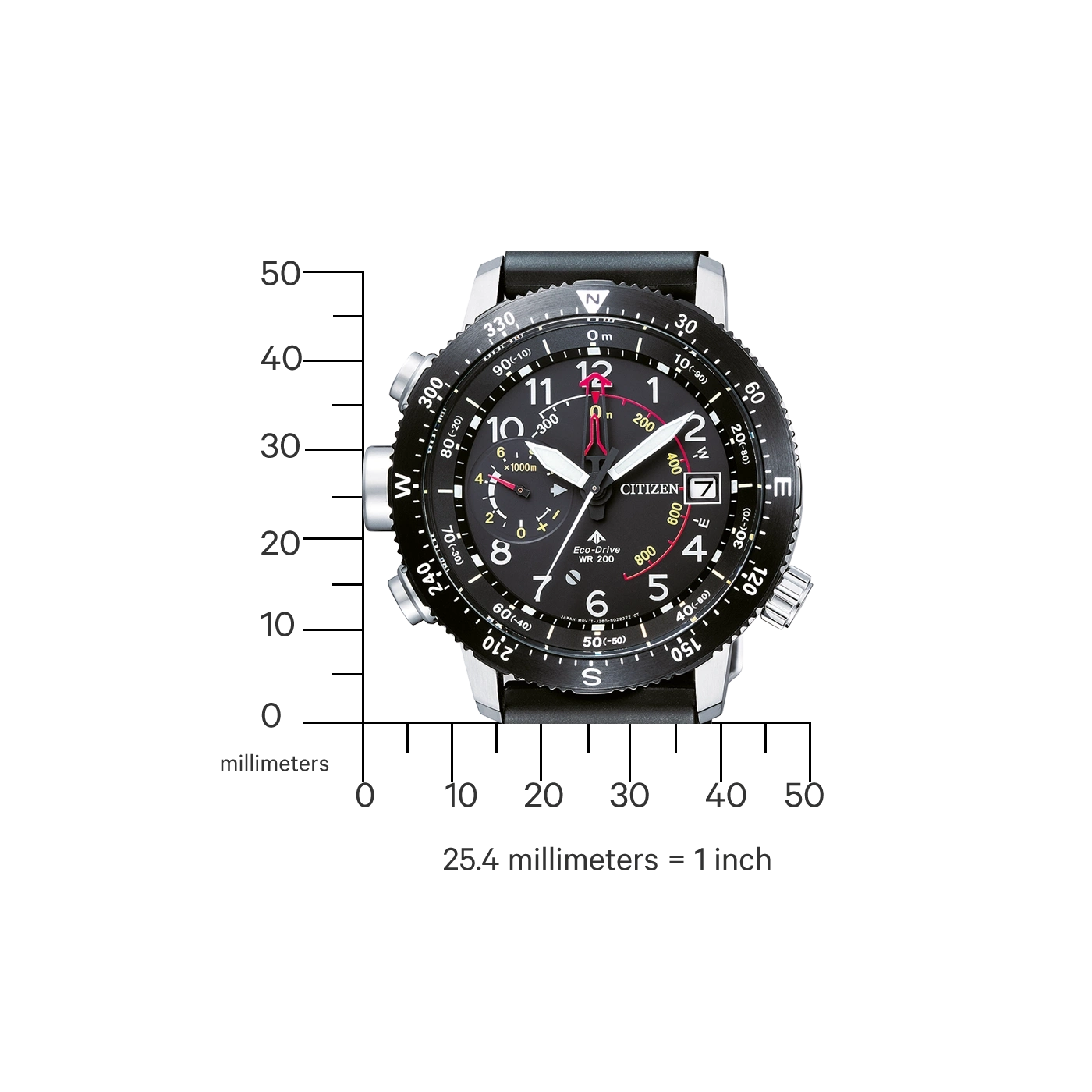 Citizen watch with black dial, numbers, and hands, with a black strap.