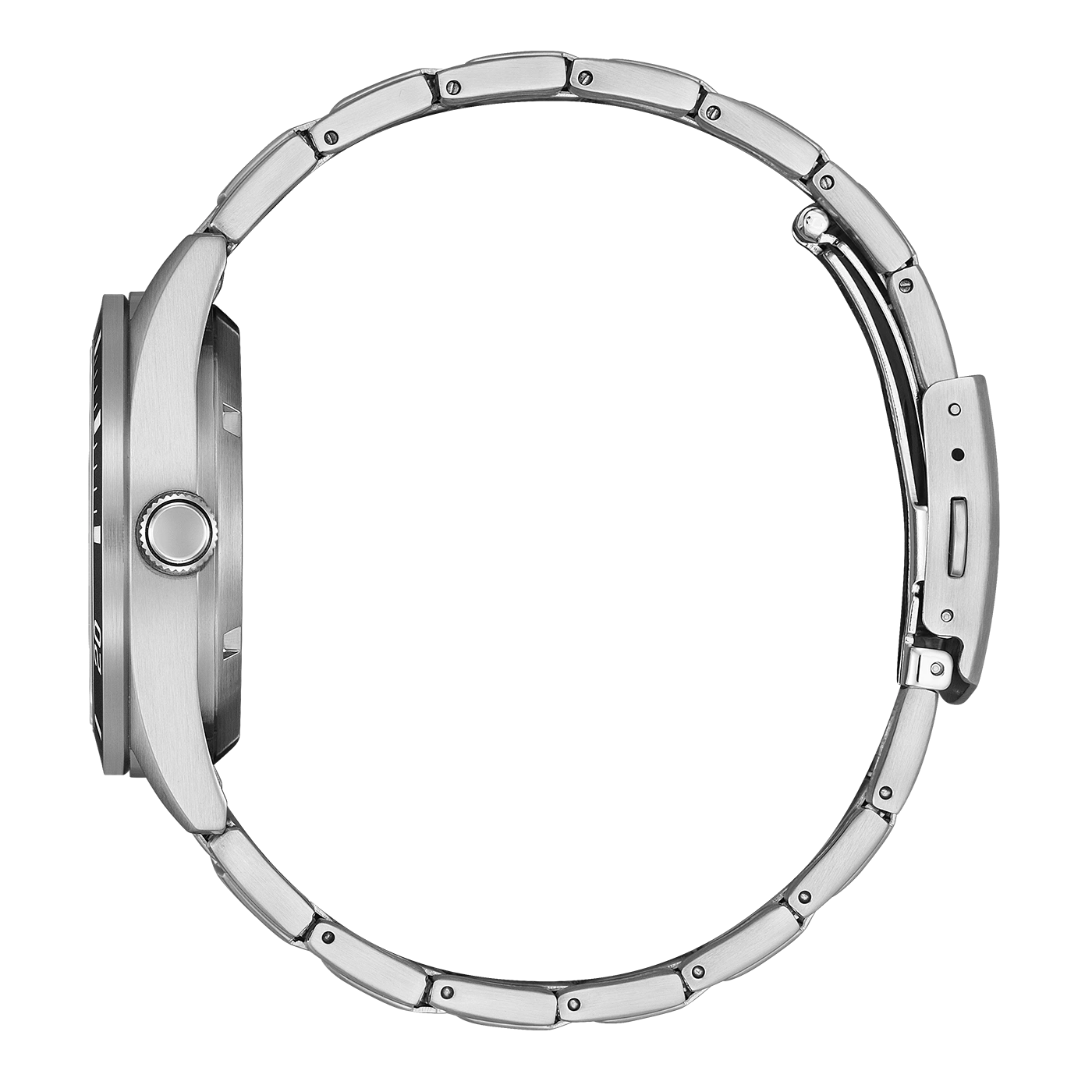 Side view of a silver watch with a metal band.