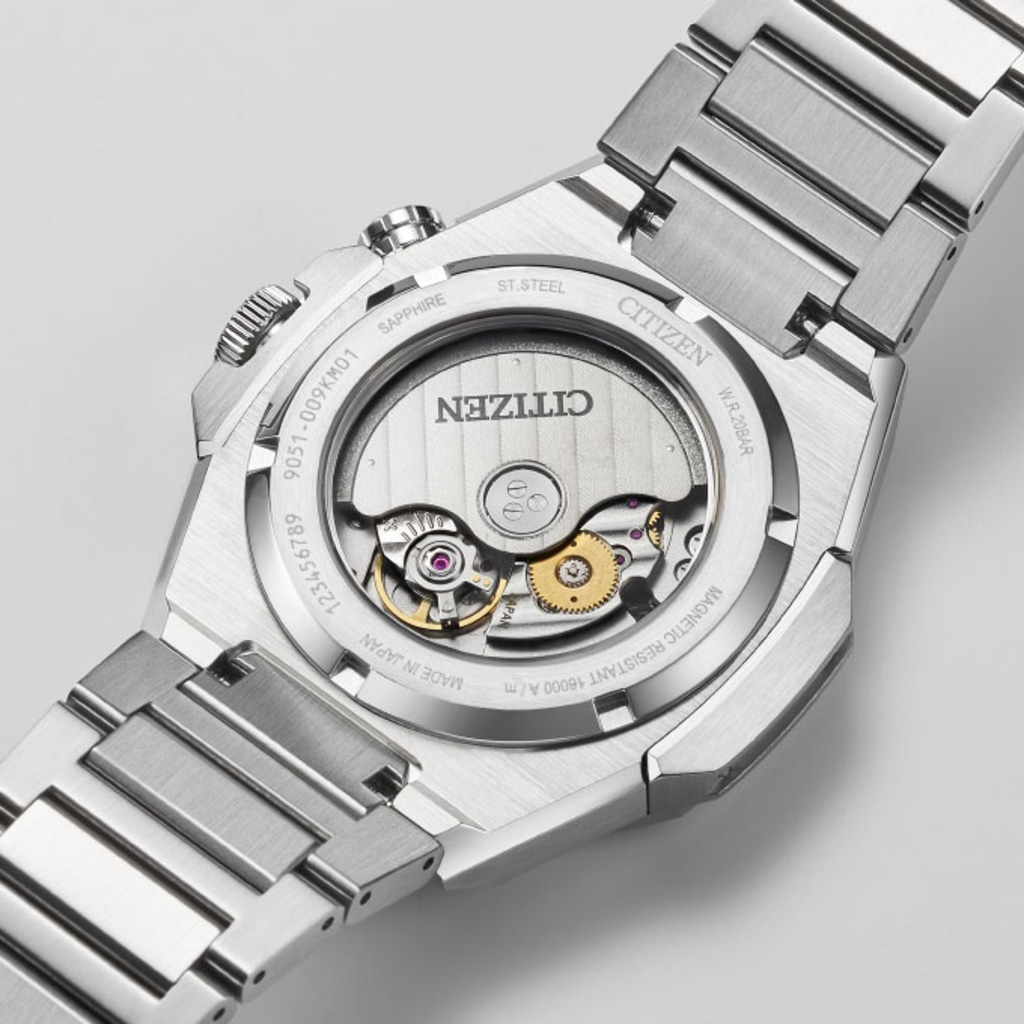 Citizen watch back with visible mechanism, sapphire, stainless steel, and water resistance.