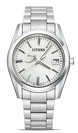 Citizen watch with a silver band and white face, date display.