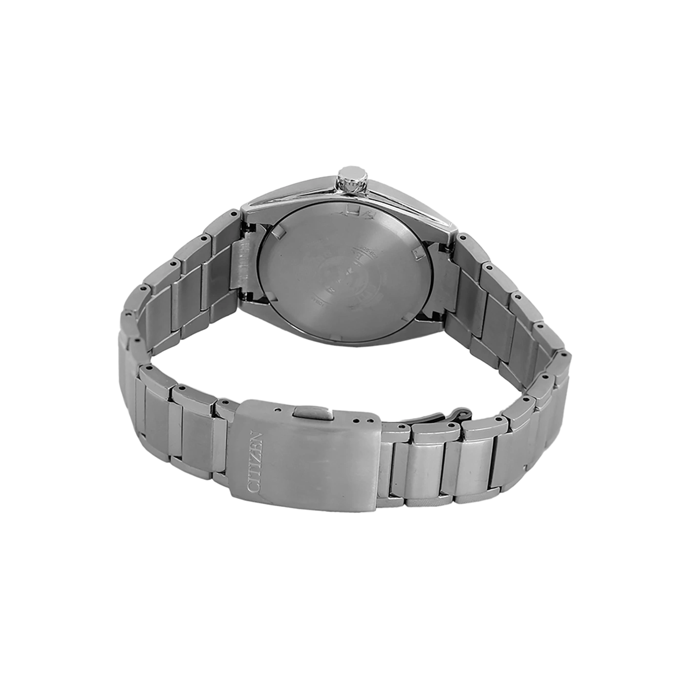 Citizen watch back view, stainless steel strap, clasp, silver color, detail