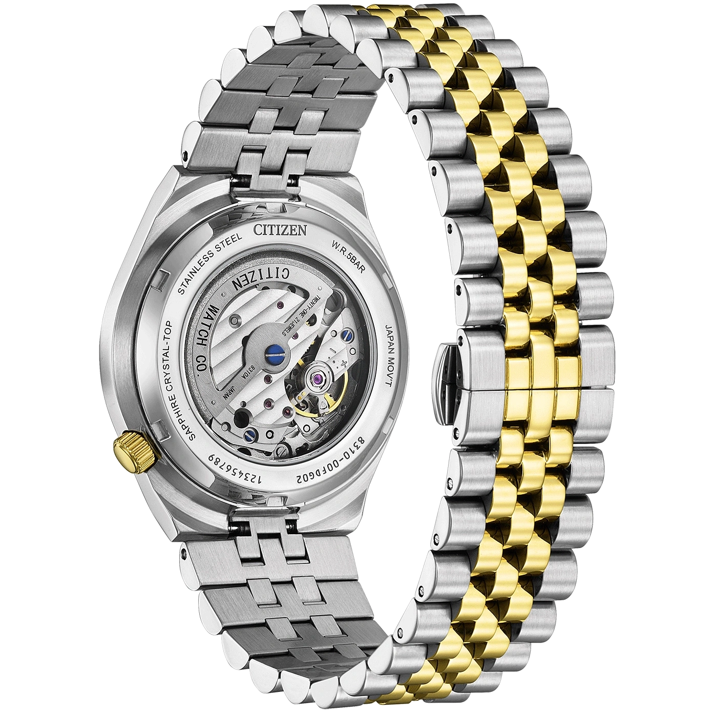 Citizen watch with a silver and gold band, showing the watch's mechanism.