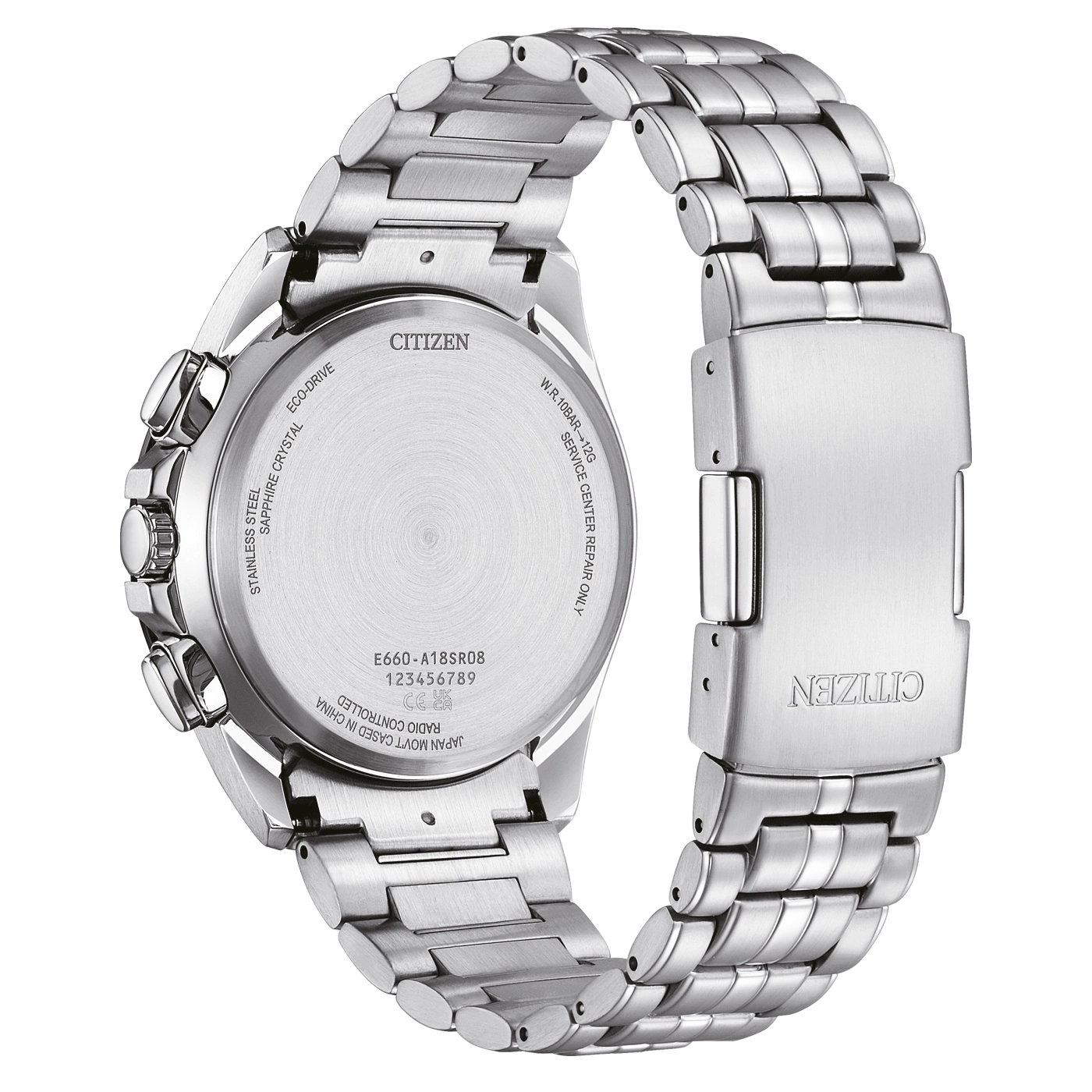 Citizen watch back, stainless steel, sapphire crystal, Eco-Drive, radio controlled