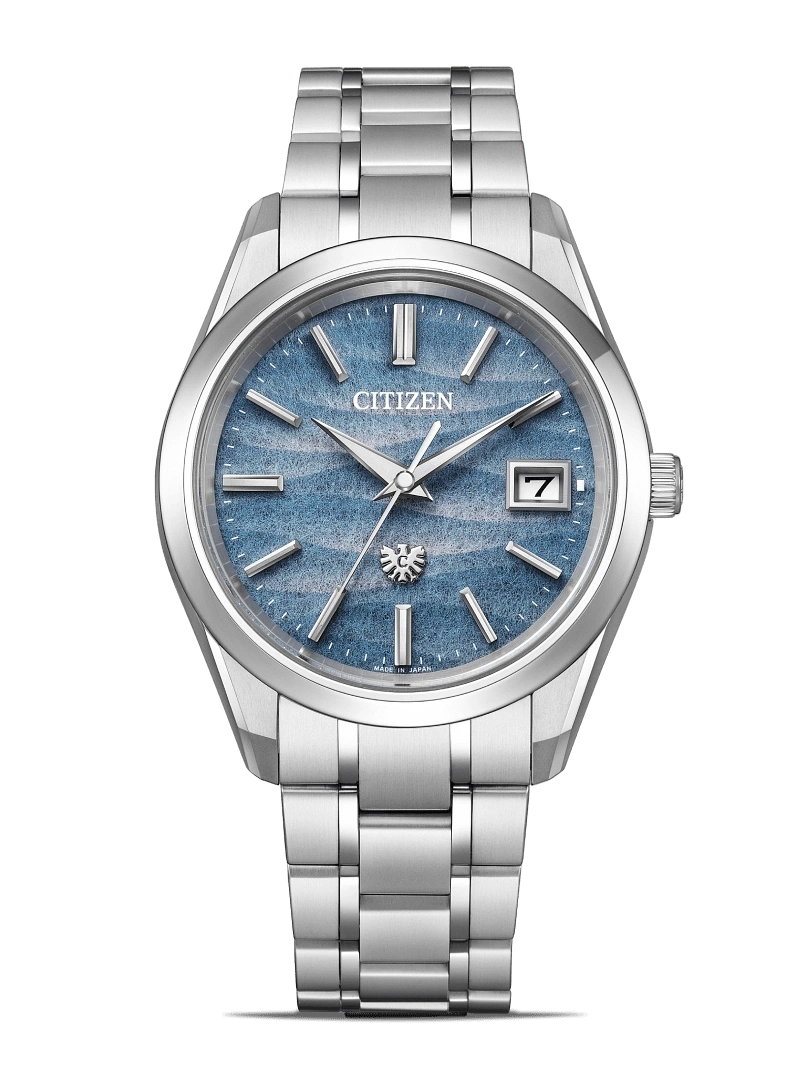 Citizen watch with a blue face and silver band, elegant design.