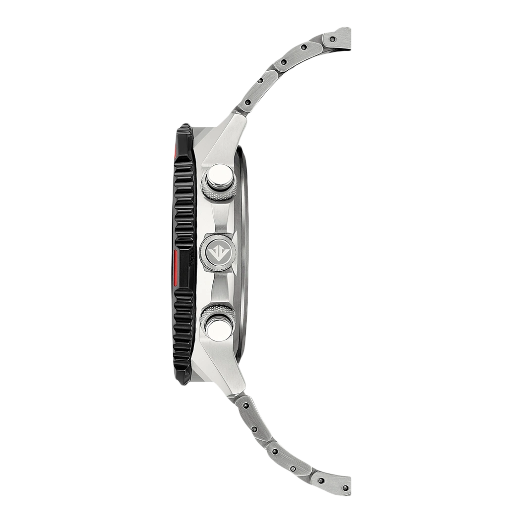Side view of a silver watch with black and red details and a metal strap.