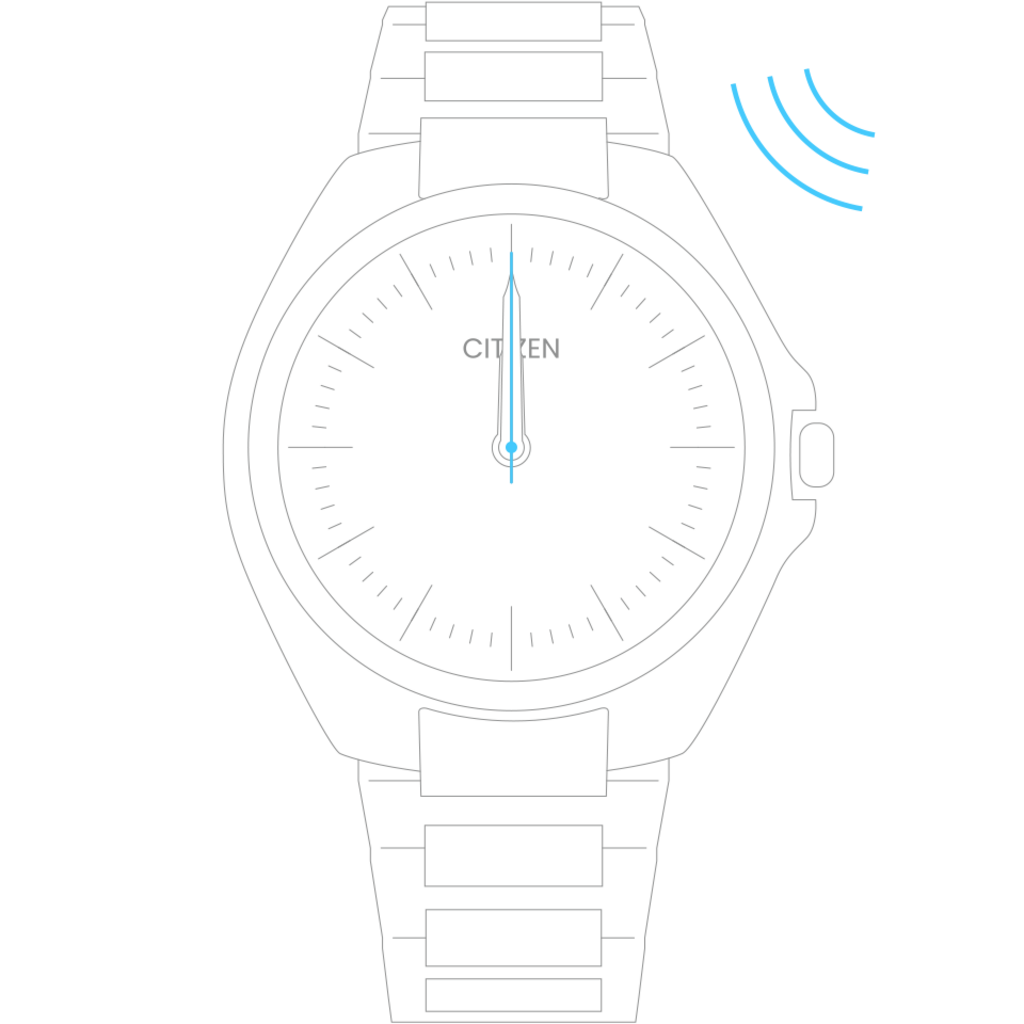 Citizen watch with a black face and blue hands, showing time.