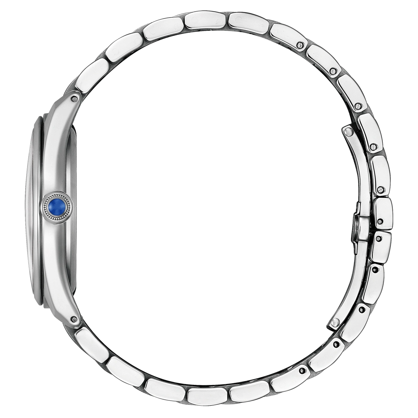 Side view of a silver watch with a blue gem and a metal strap.