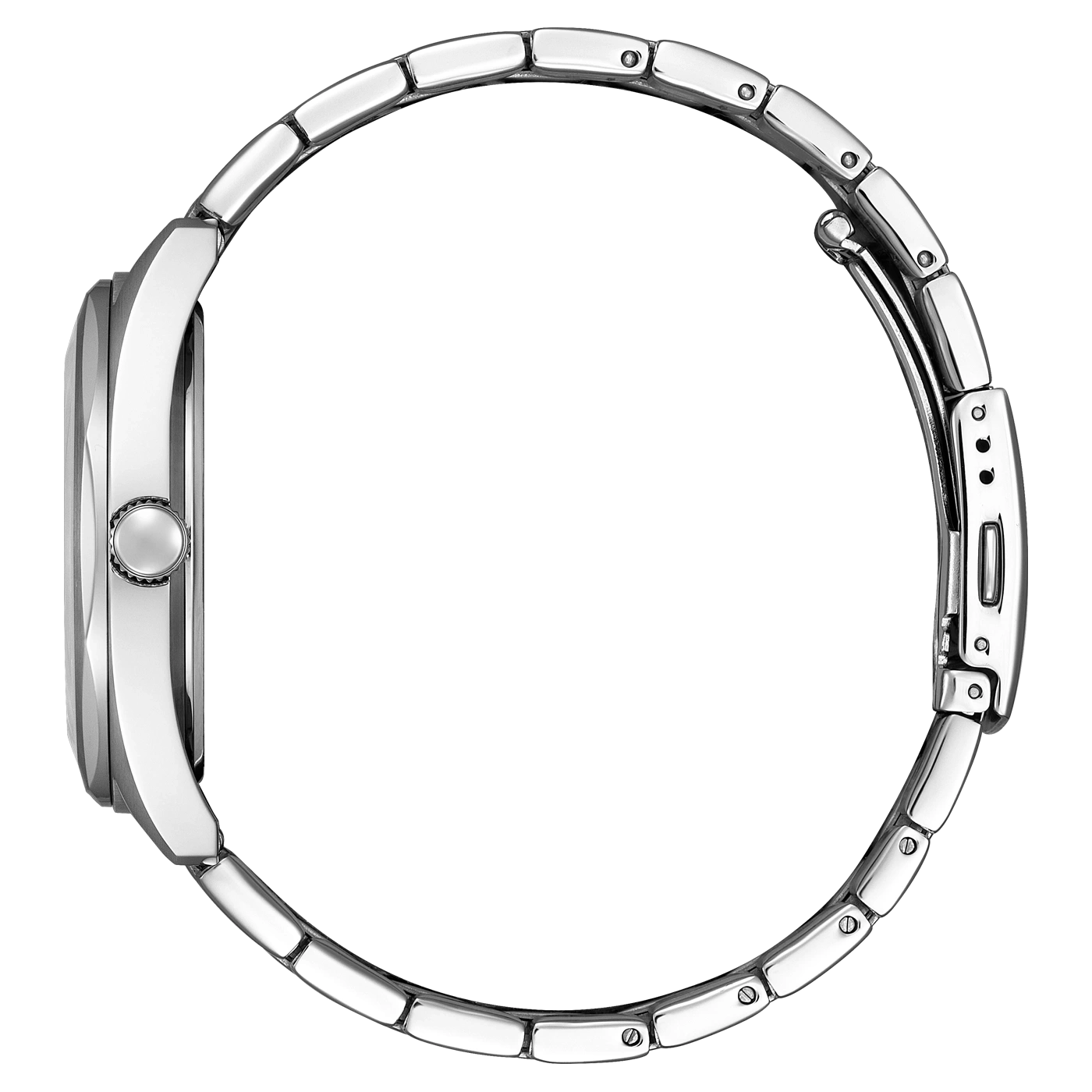 Side view of a silver wristwatch with a metal band and a round face.