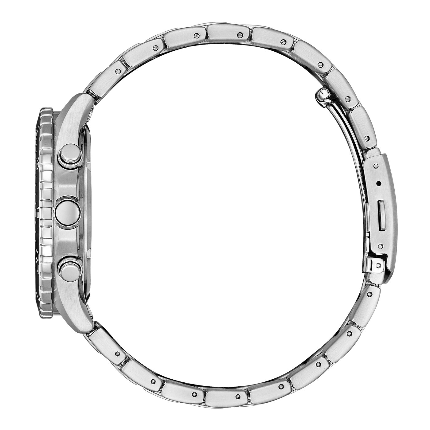 Silver watch with a metal strap, side view, isolated on white background.