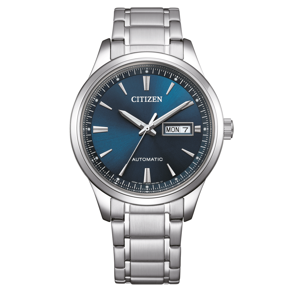 Citizen watch with a blue dial and silver bracelet, automatic movement.