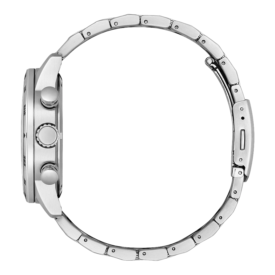 Side view of a silver wristwatch with a metal band.