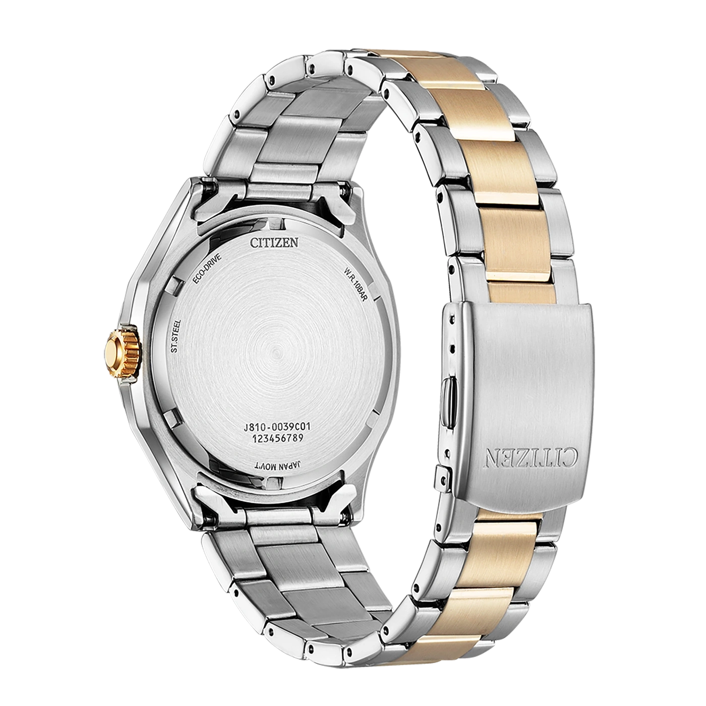 Citizen watch back, silver and gold, Eco-Drive, stainless steel, Japan movement