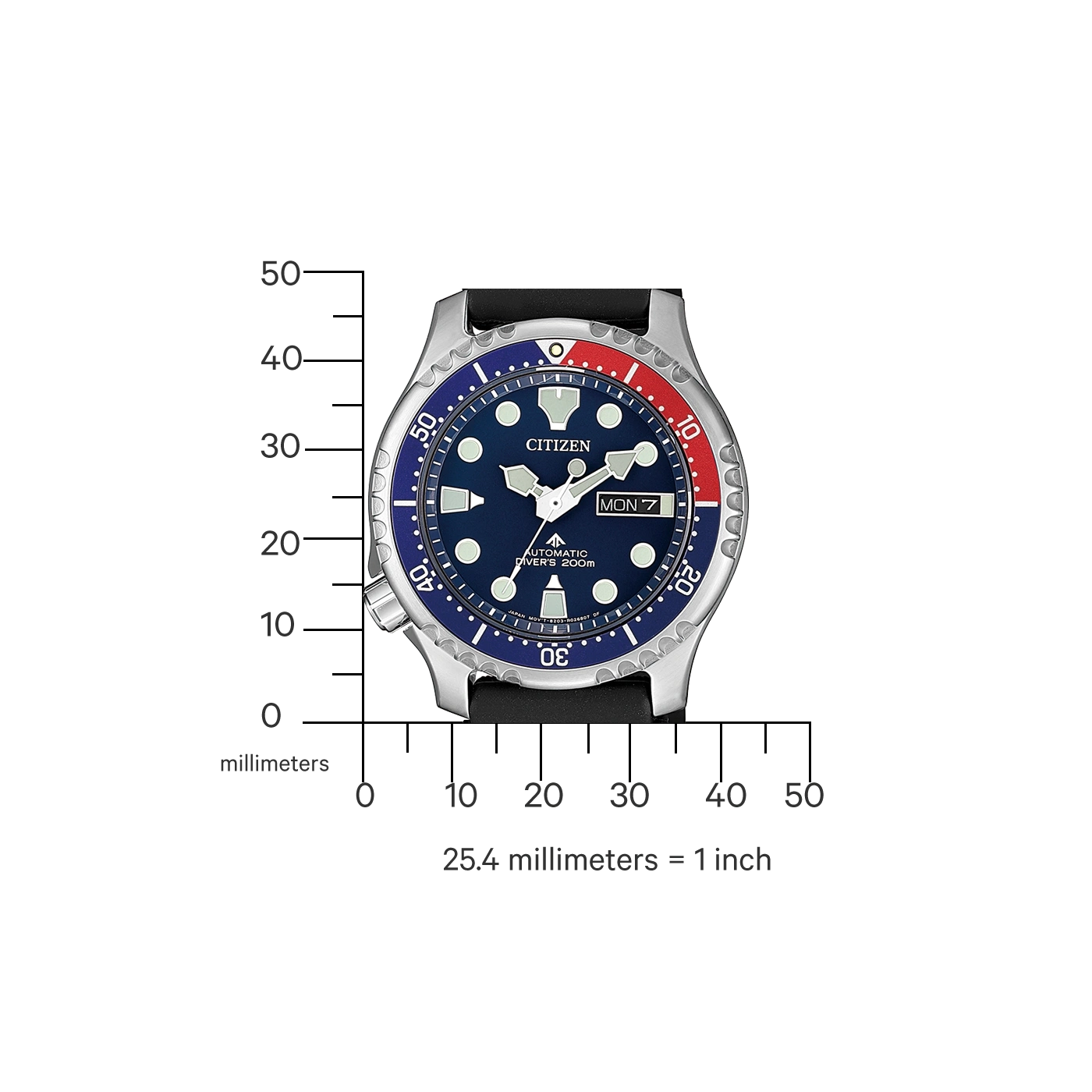 Citizen watch with blue and red bezel, black strap, and day display.