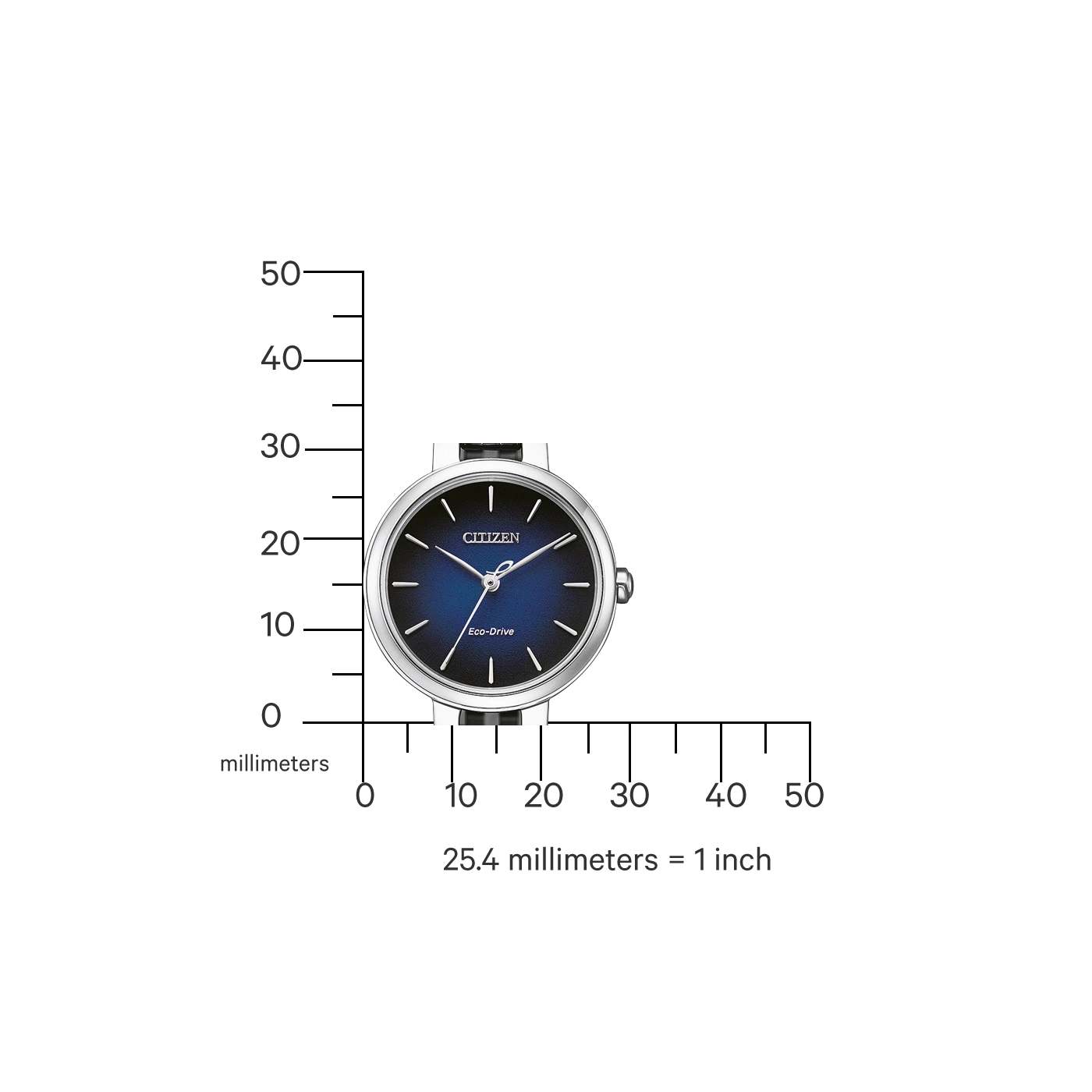 Citizen watch with blue face, measuring scale in millimeters, and Eco-Drive technology.