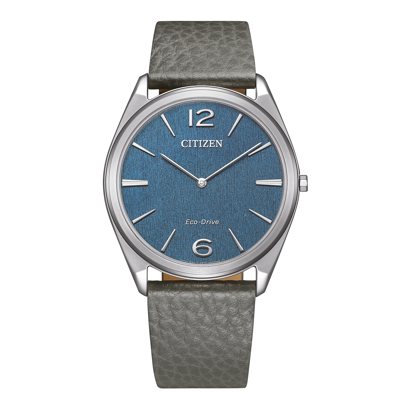 A Citizen Eco-Drive watch with a blue textured dial and gray leather strap.