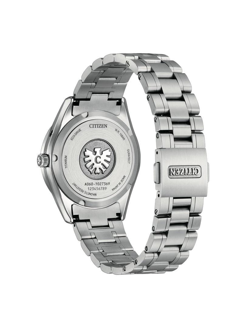 Citizen watch back with details: Eco-Drive, Titanium, Made in Japan, and more.