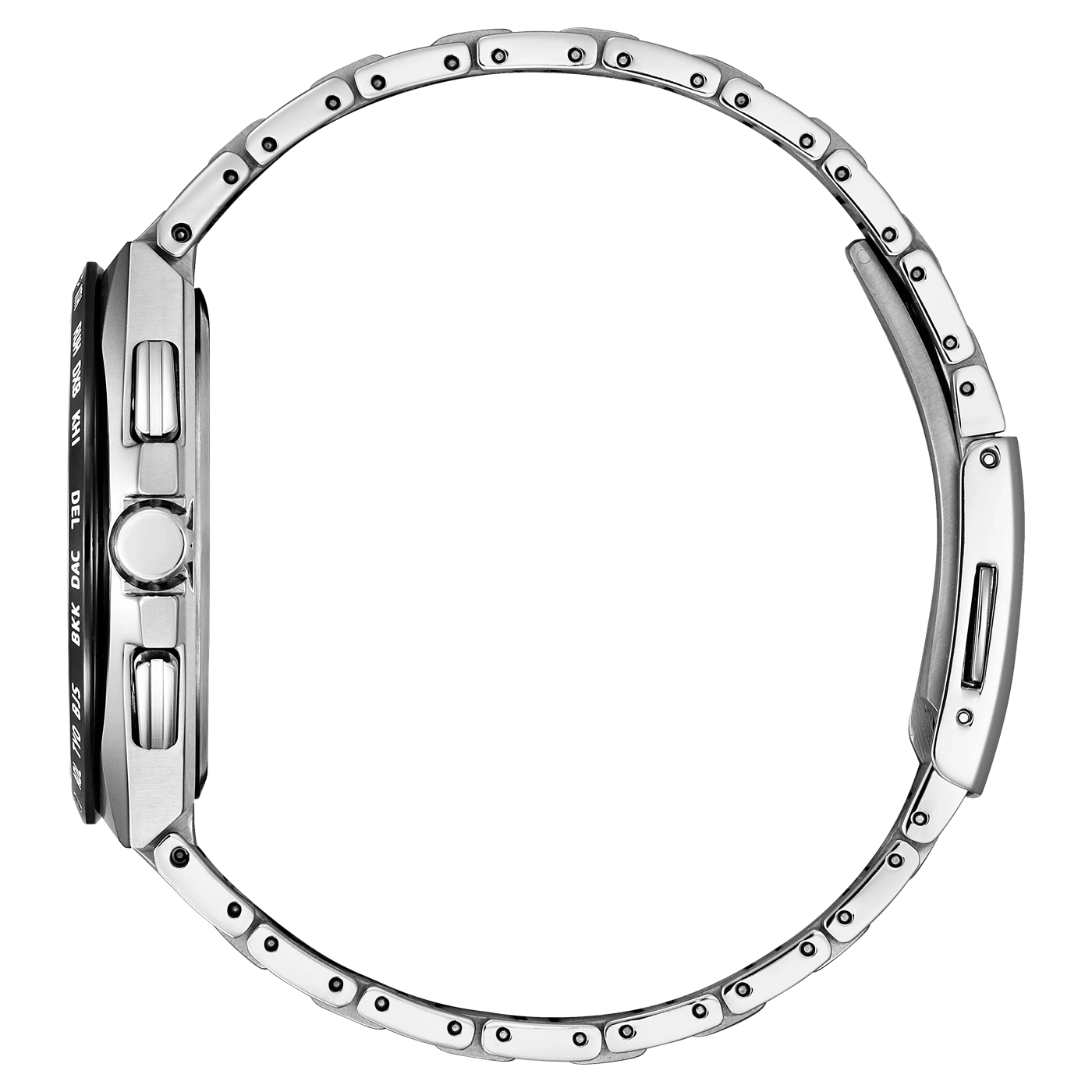 Side view of a silver wristwatch with a metal band and a black dial.
