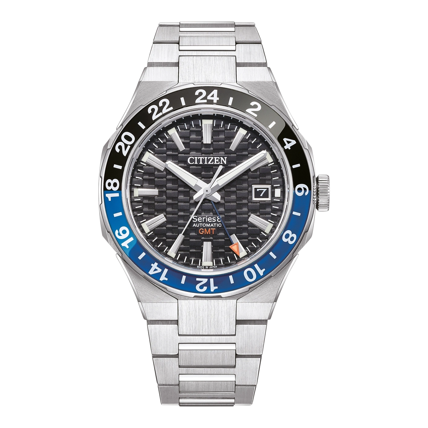 Citizen watch with black and blue bezel, stainless steel bracelet, and GMT function.