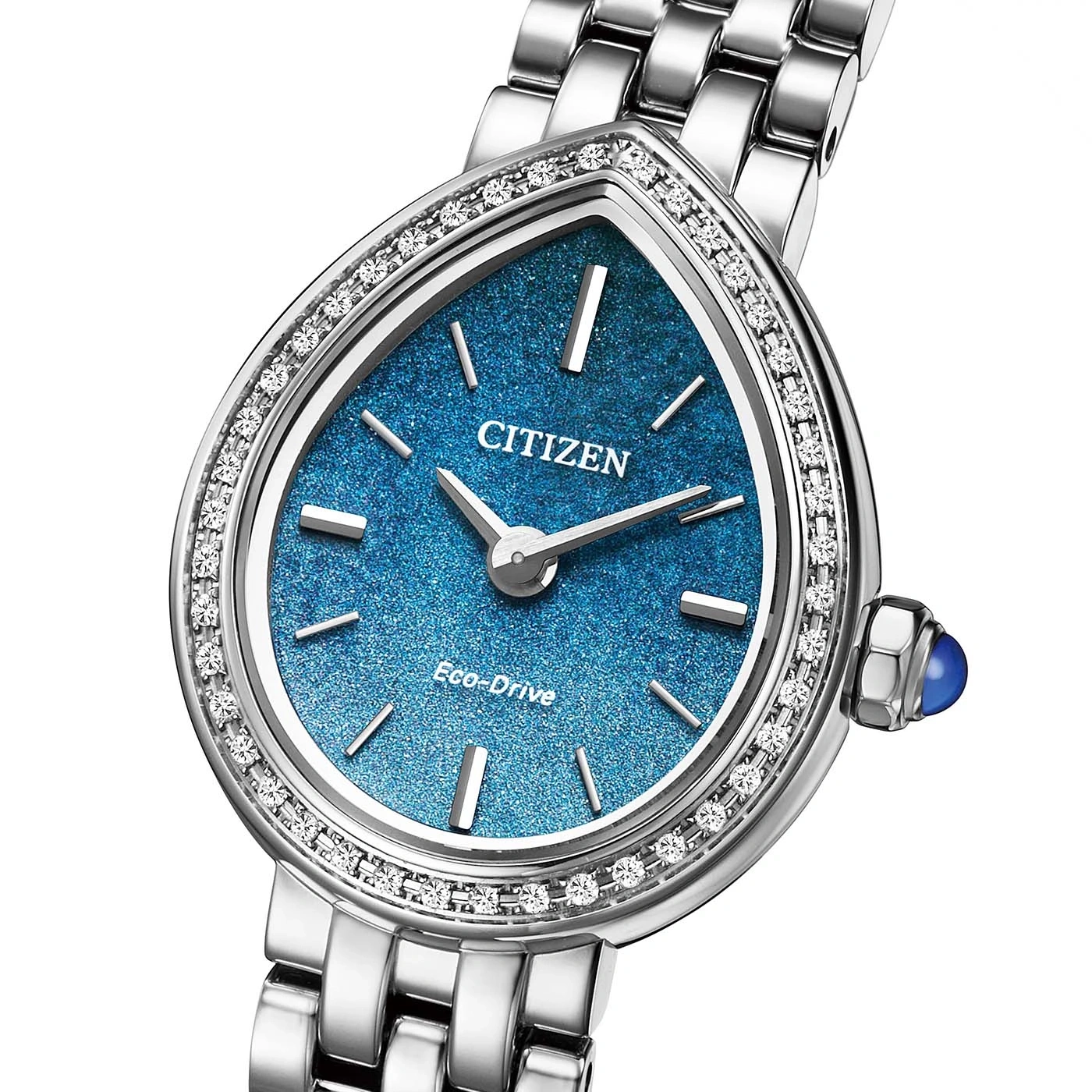 A close-up of a diamond-encrusted Citizen Eco-Drive watch with a blue dial.