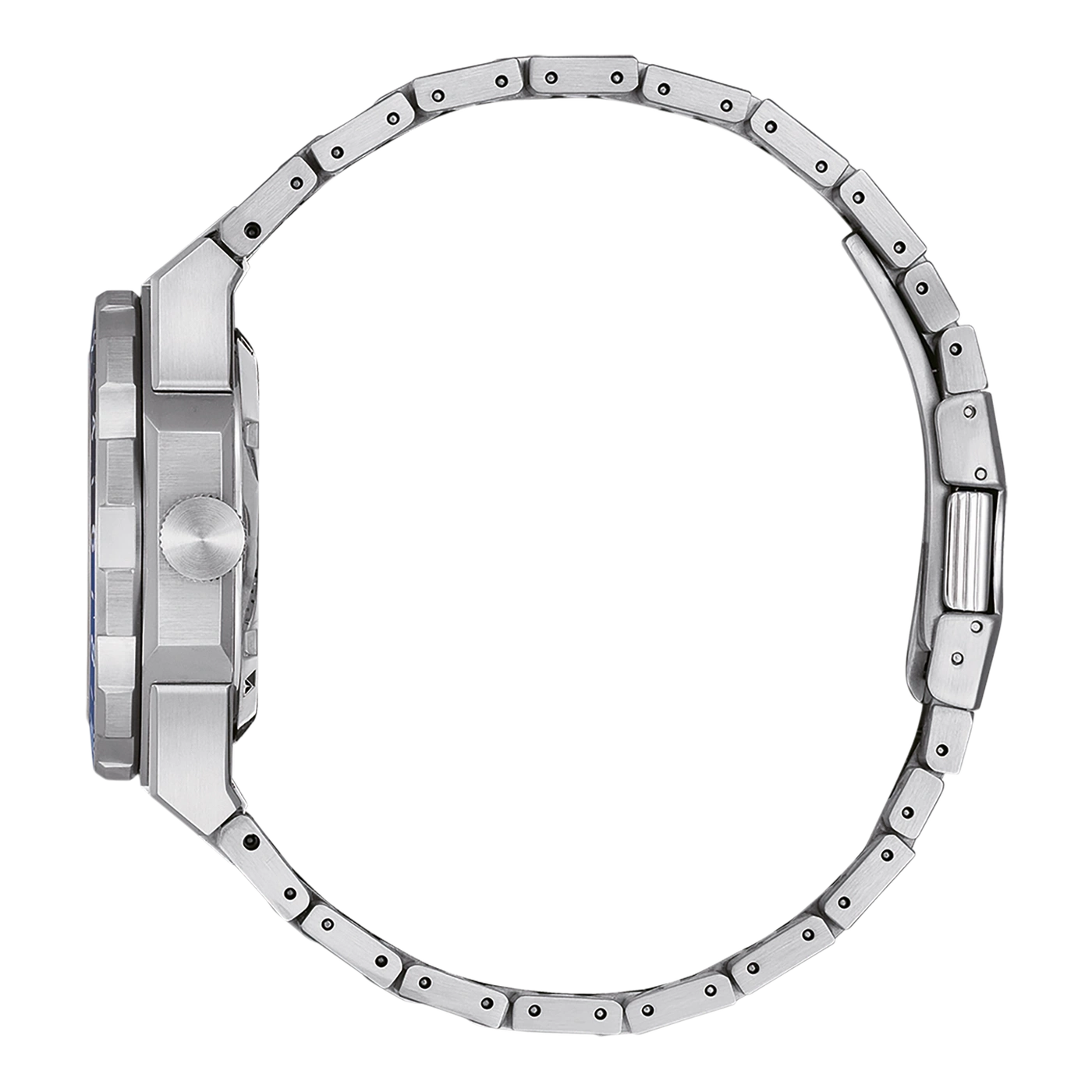 Side view of a silver wristwatch with a metal band and a round dial.