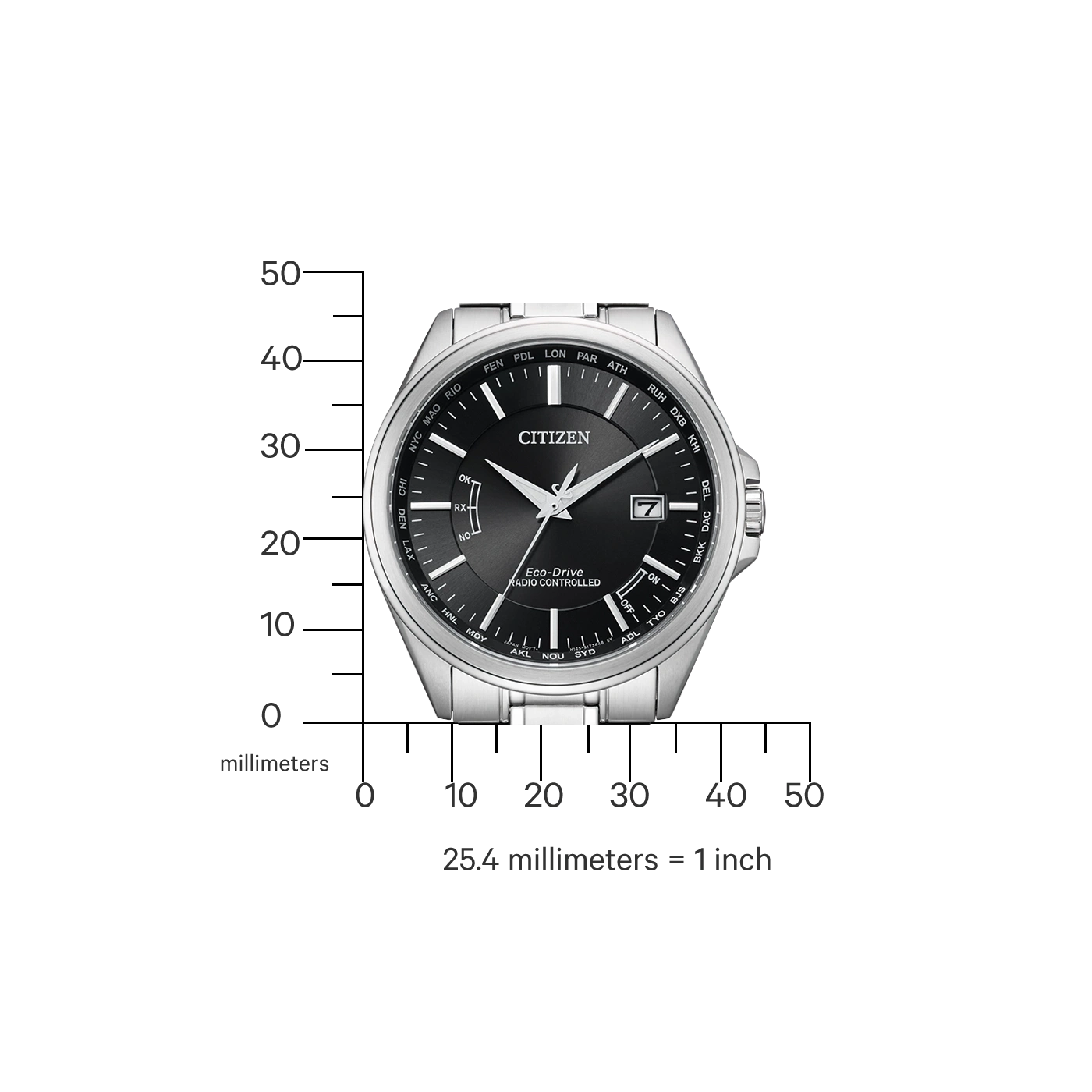 Citizen watch with black face, time zones, and Eco-Drive technology.