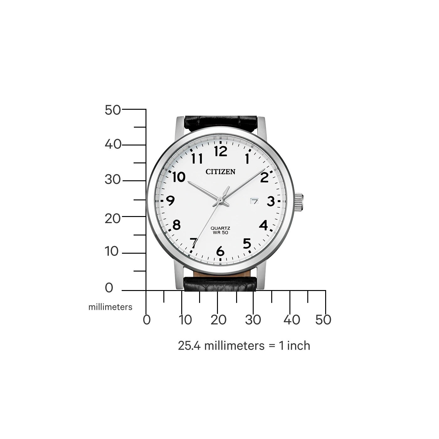 Citizen watch with a white dial, black leather strap, and a measurement scale.