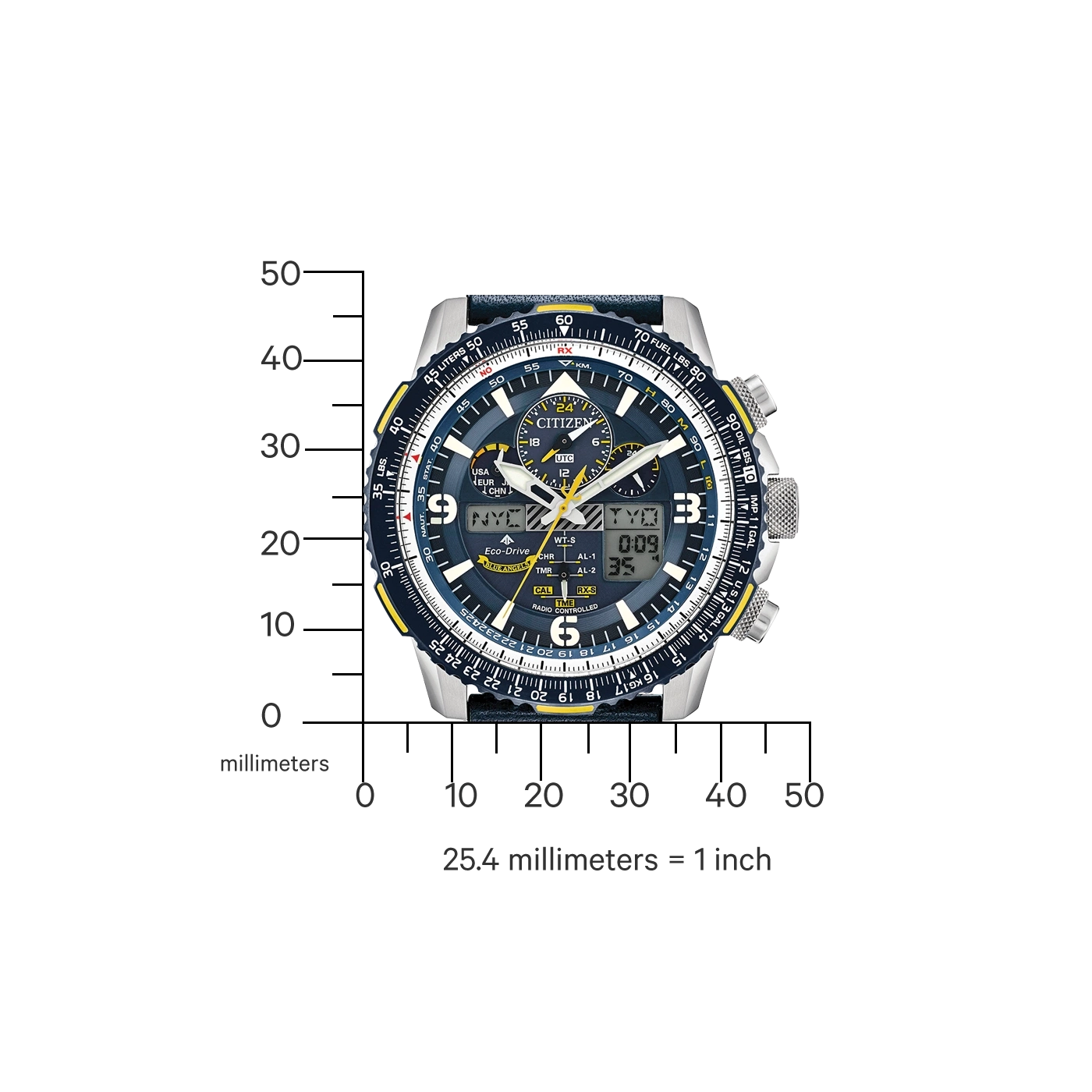 Citizen watch with blue face, yellow accents, and measurement markings.