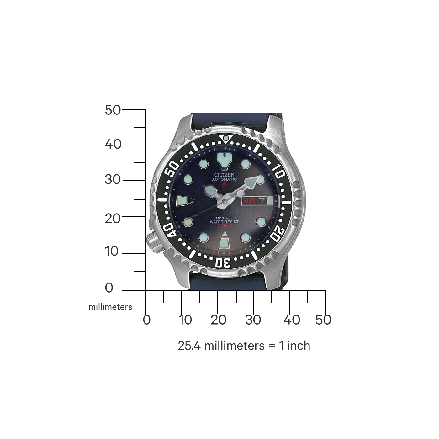 Citizen automatic watch with a blue strap, diver's water resist 200M, and day display.