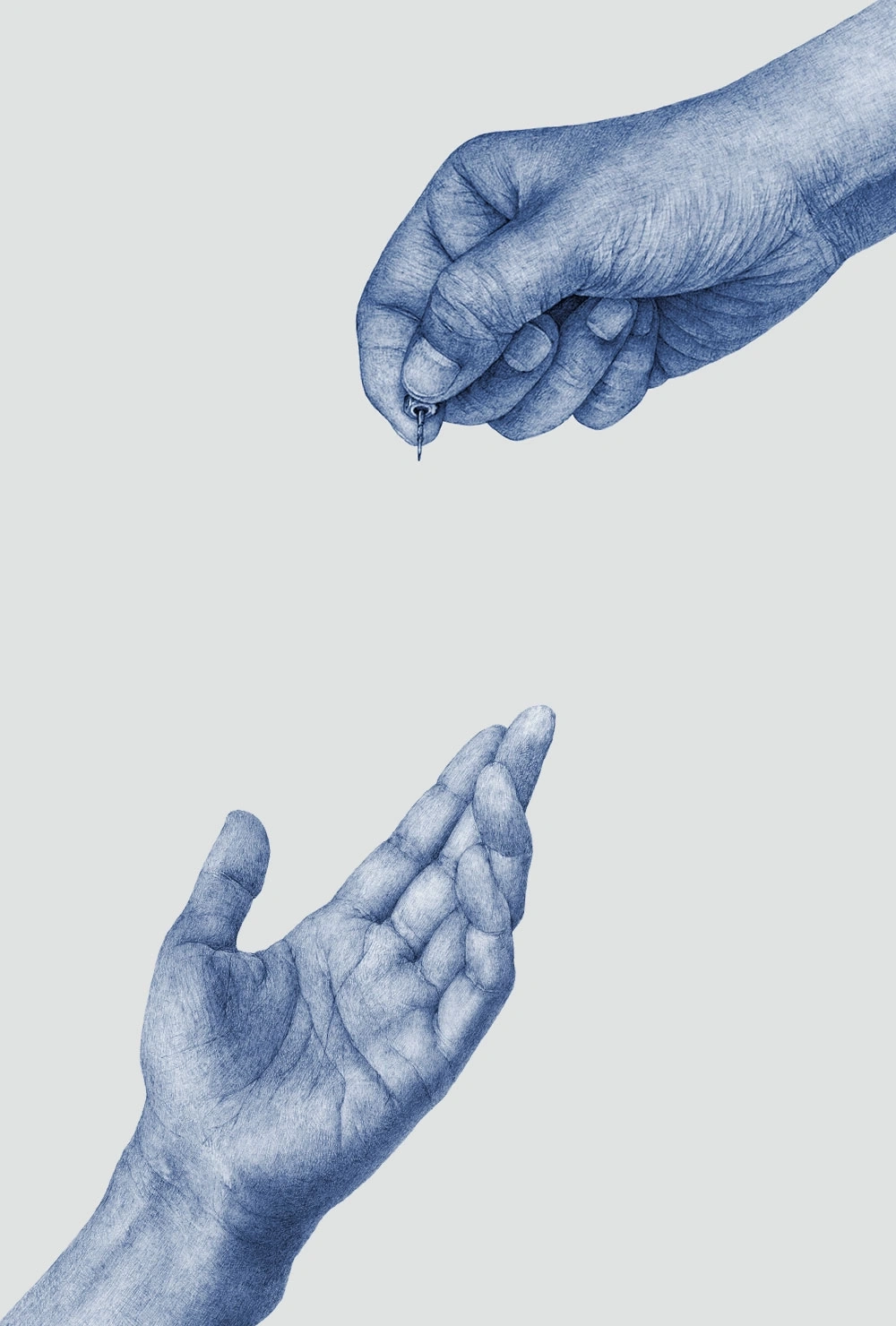 Hands passing a key, a symbol of trust and exchange, blue drawing