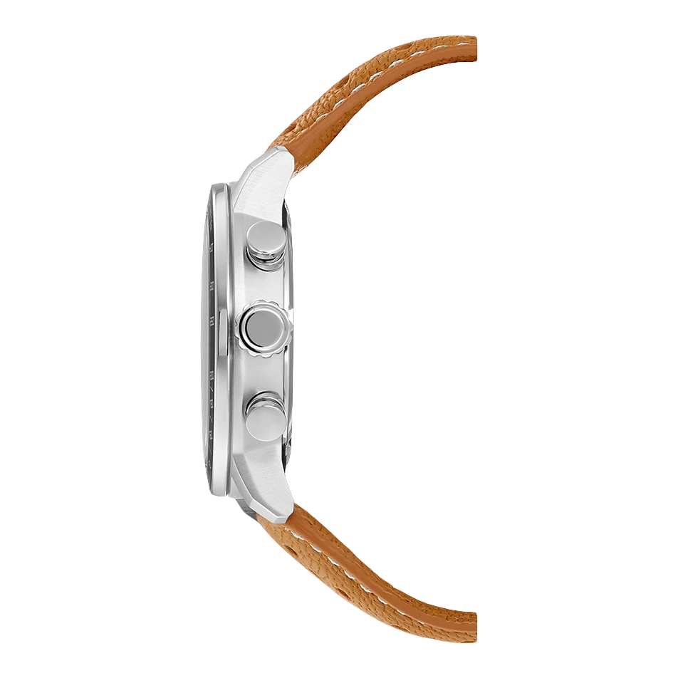 Side view of a silver watch with a brown leather strap.