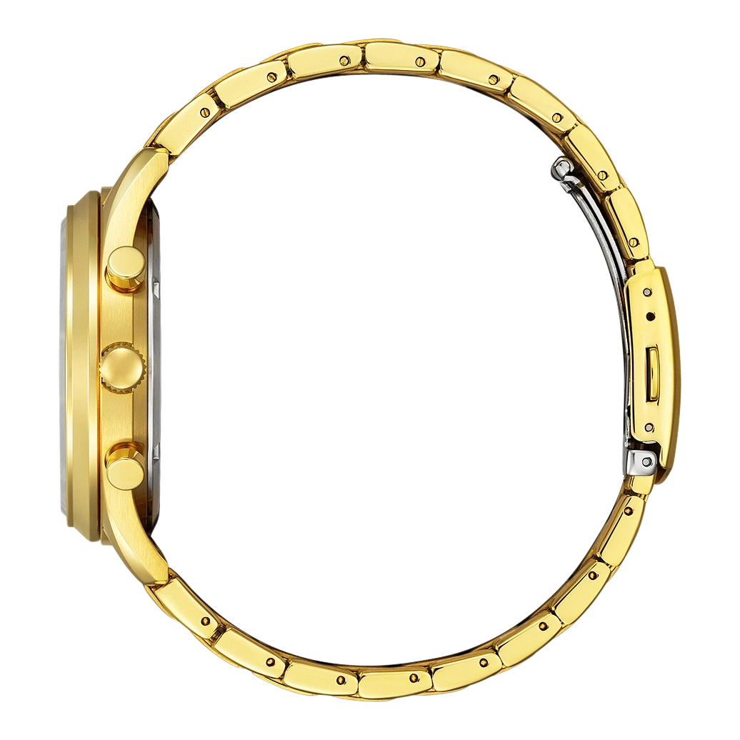 Gold watch side view, showing the watch face and band details.