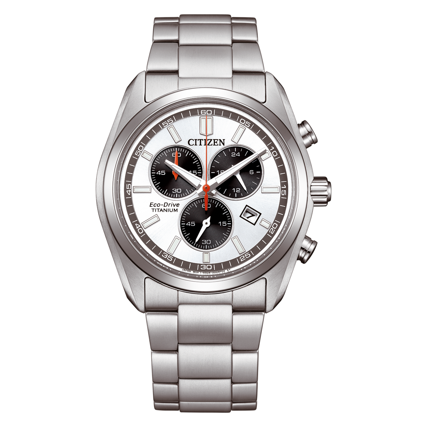 A silver Citizen Eco-Drive Titanium chronograph watch on a white background.