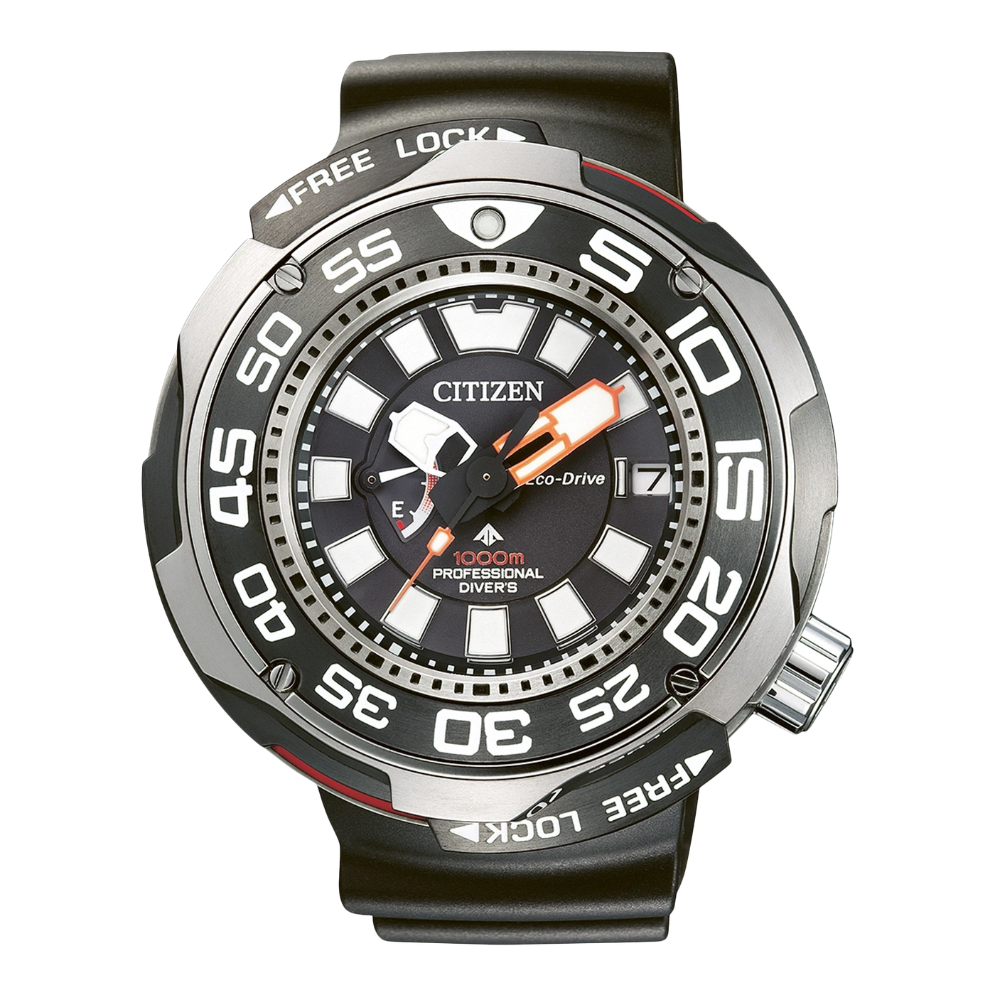 Citizen watch with black dial, silver bezel, and black strap. Professional diver's watch.