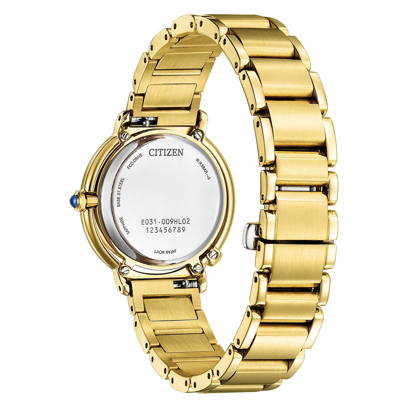 Gold Citizen watch with a white face and a gold bracelet.